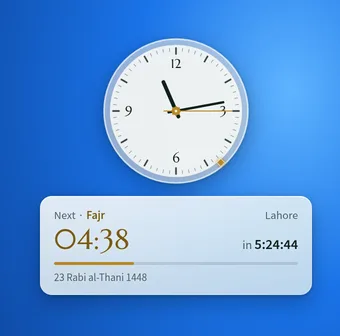 Awqatly on the Windows desktop in light mode: a round classic clock above a card showing the next prayer, Fajr at 04:38 in Lahore, with a countdown and the Hijri date
