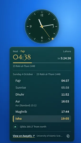 Awqatly opened in dark mode: the round clock above Fajr, Sunrise, Dhuhr, Asr, Maghrib and Isha for Lahore with the current prayer highlighted, Hijri date and Qibla 260° from north