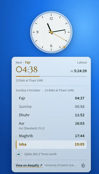Awqatly opened in light mode with the classic clock, the five daily prayers, sunrise and both Asr times